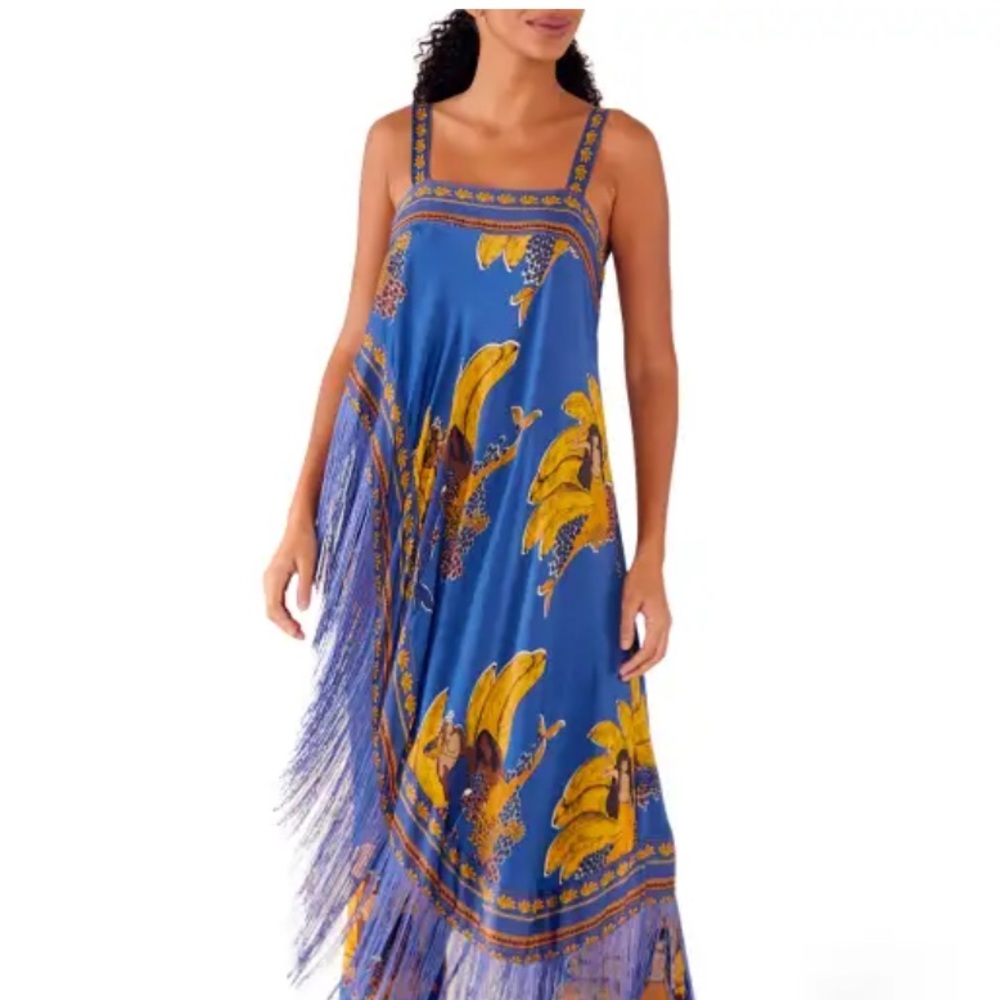 NWT FARM Rio Blue and Yellow Tropical Fringe Maxi Top